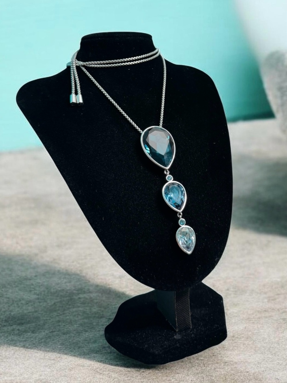 Touchstone Crystal Swarovski Blue Teardrop Adjustable Necklace Silver Tone - Picture 4 of 6
